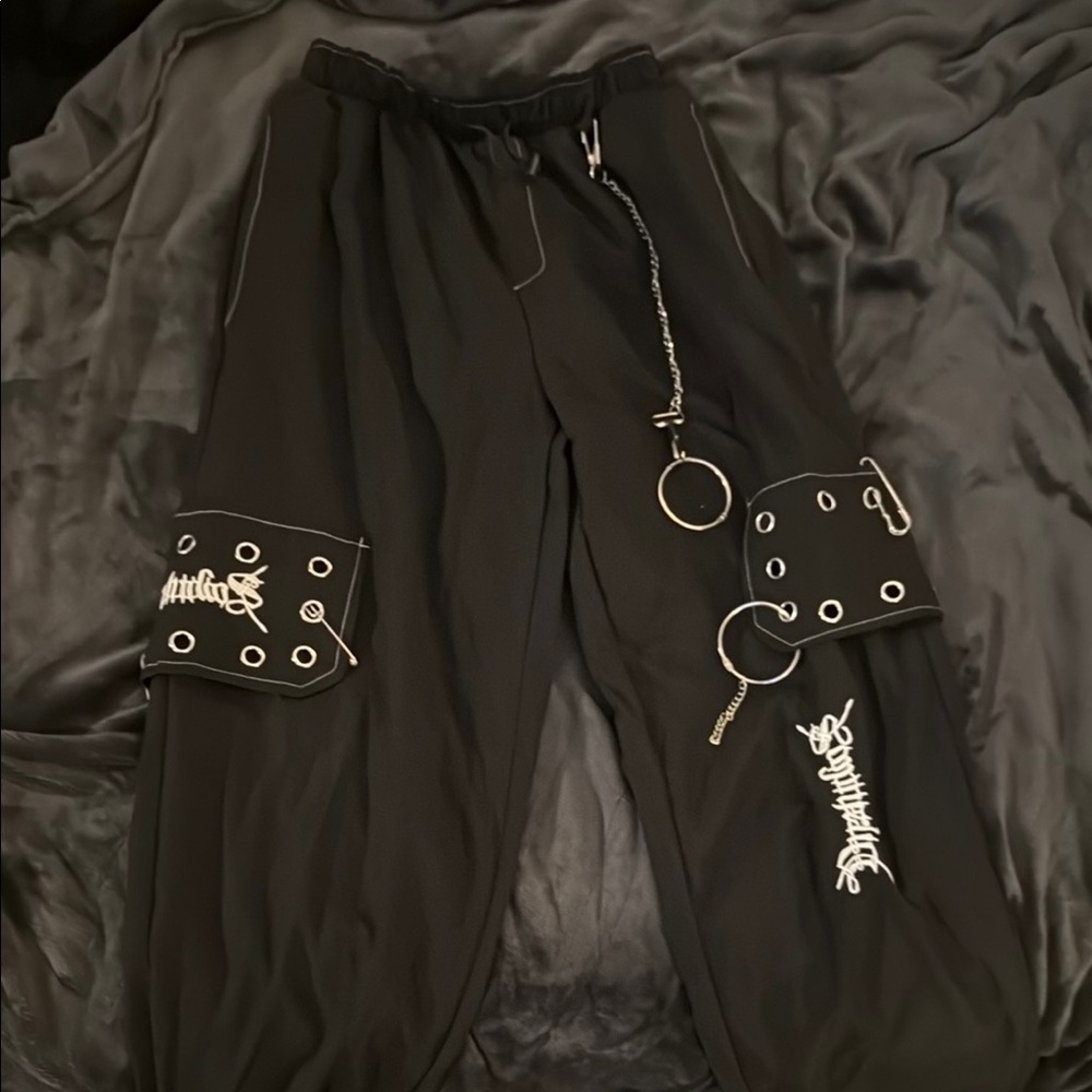 Edgy Black Cargo Pants with Chain Detail